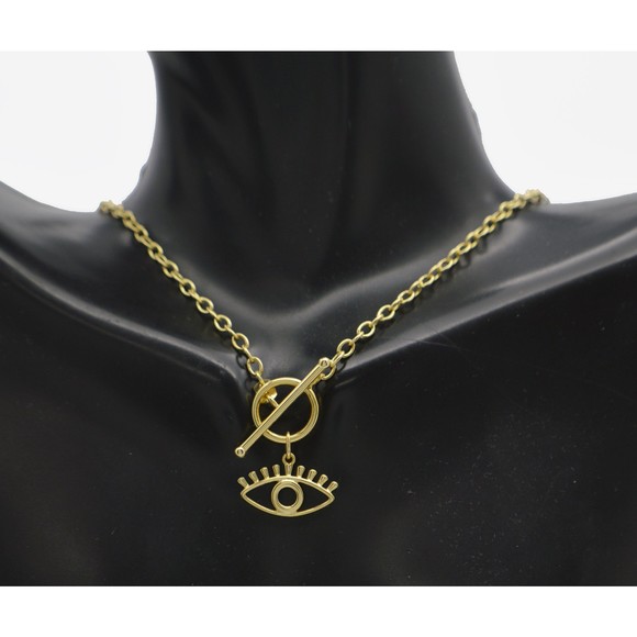 Real 14K Solid Yellow Gold 18" Evil Eye Shape Outline Toggle Chain Necklace 3.6g - Picture 1 of 8